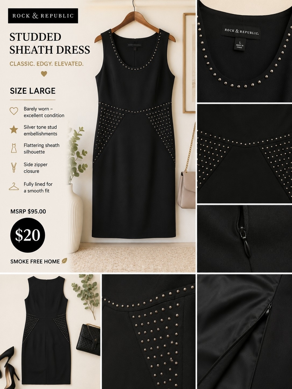 Rock & Republic Black Studded Sheath Dress | Size Large | Side Zip |